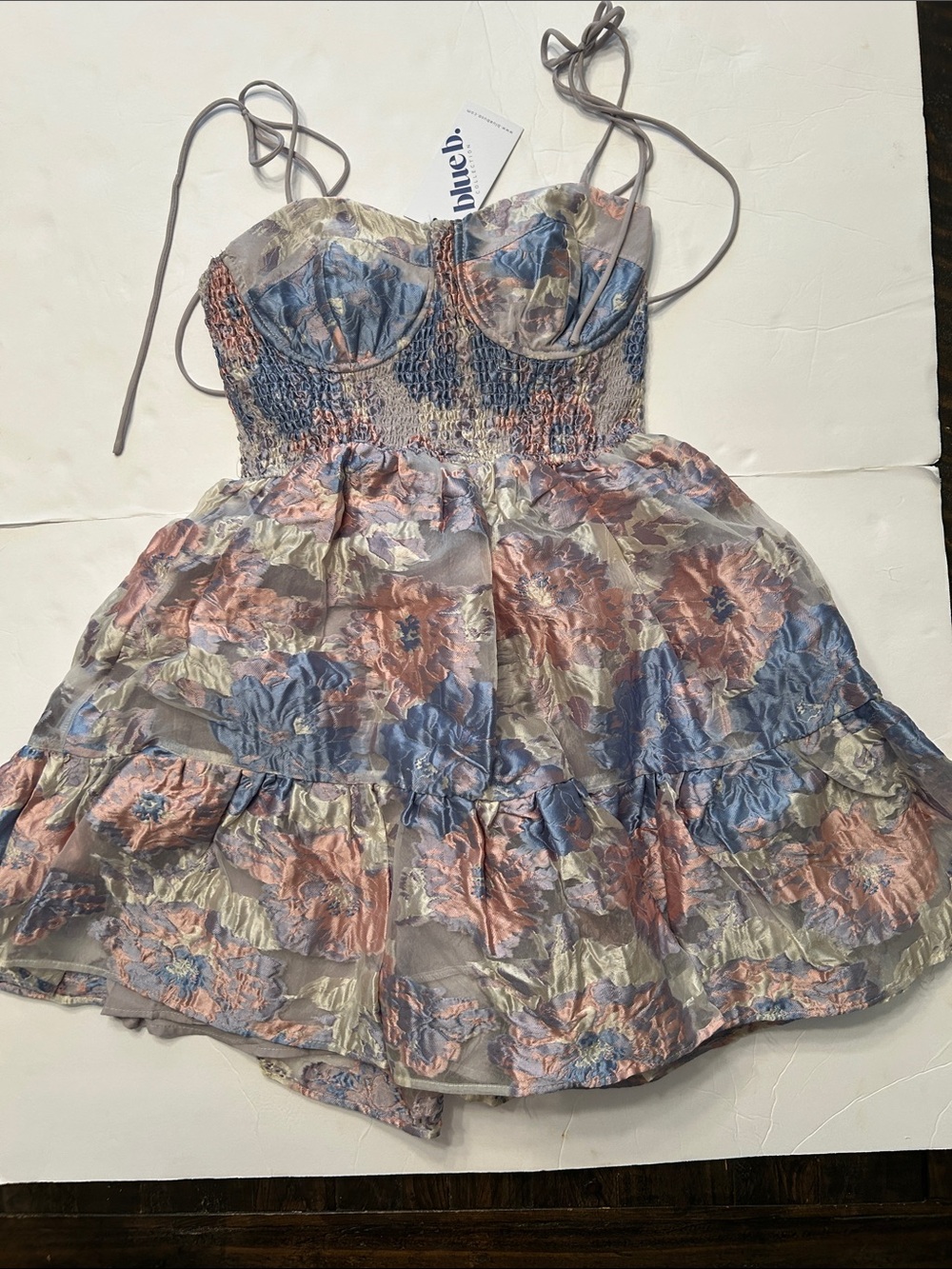 NWT Blue B Collection Floral Jacquard Corset Smocked Tiered Mini Dress